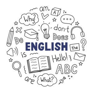 A doodle-style illustration with "ENGLISH" in bold, surrounded by language-related icons like a book, pencil, speech bubbles, and grammar words.